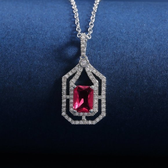 🌸 Double Layer Hollow Ruby Radiant Cut Red Zircon Micro Pave Necklace, EVGG1067 - Picture 1 of 6